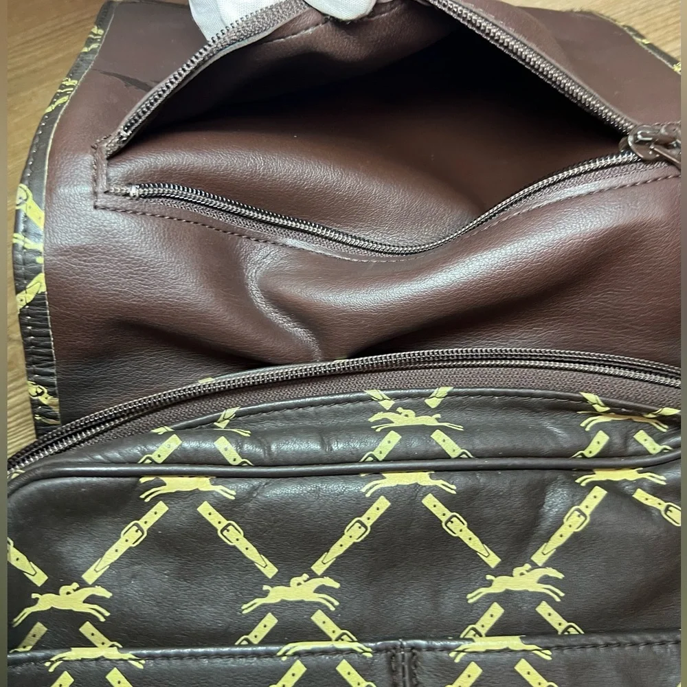 Longchamp Shoulder Bag Leather Dark Brown Horse Pattern
